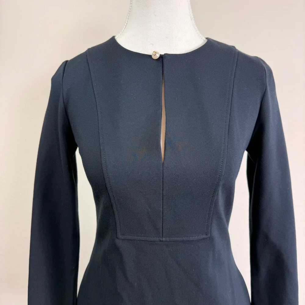 Tory Burch Black Knit Rory Long Sleeve Keyhole Mini Dress Logo Pearl Button XS